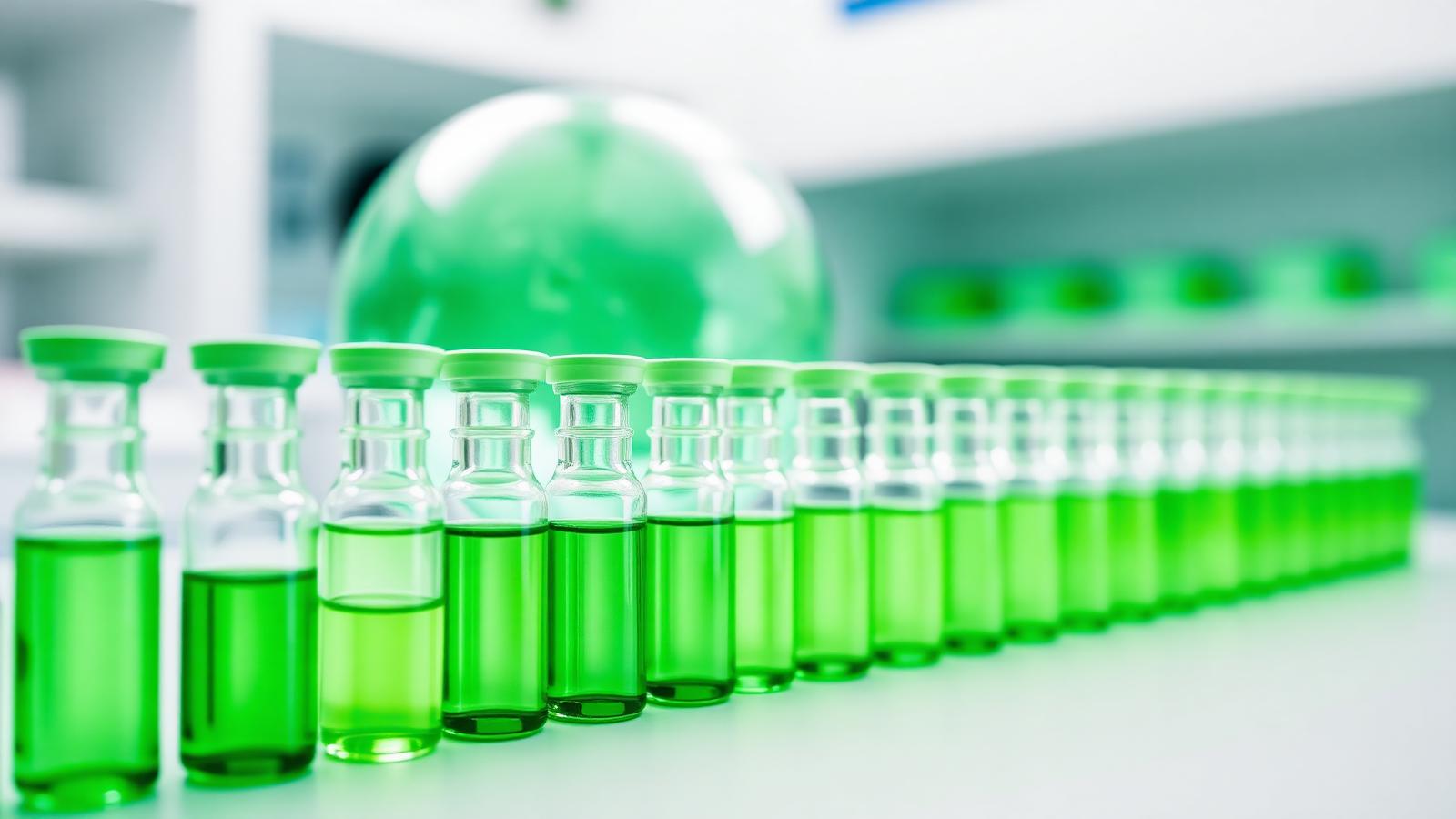 Pharmaceutical vials with a green globe